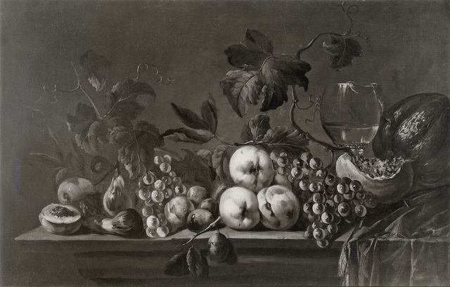 Anonimo — Monnoyer Jean-Baptiste - sec. XVII - Natura morta con frutta e bicchiere — insieme